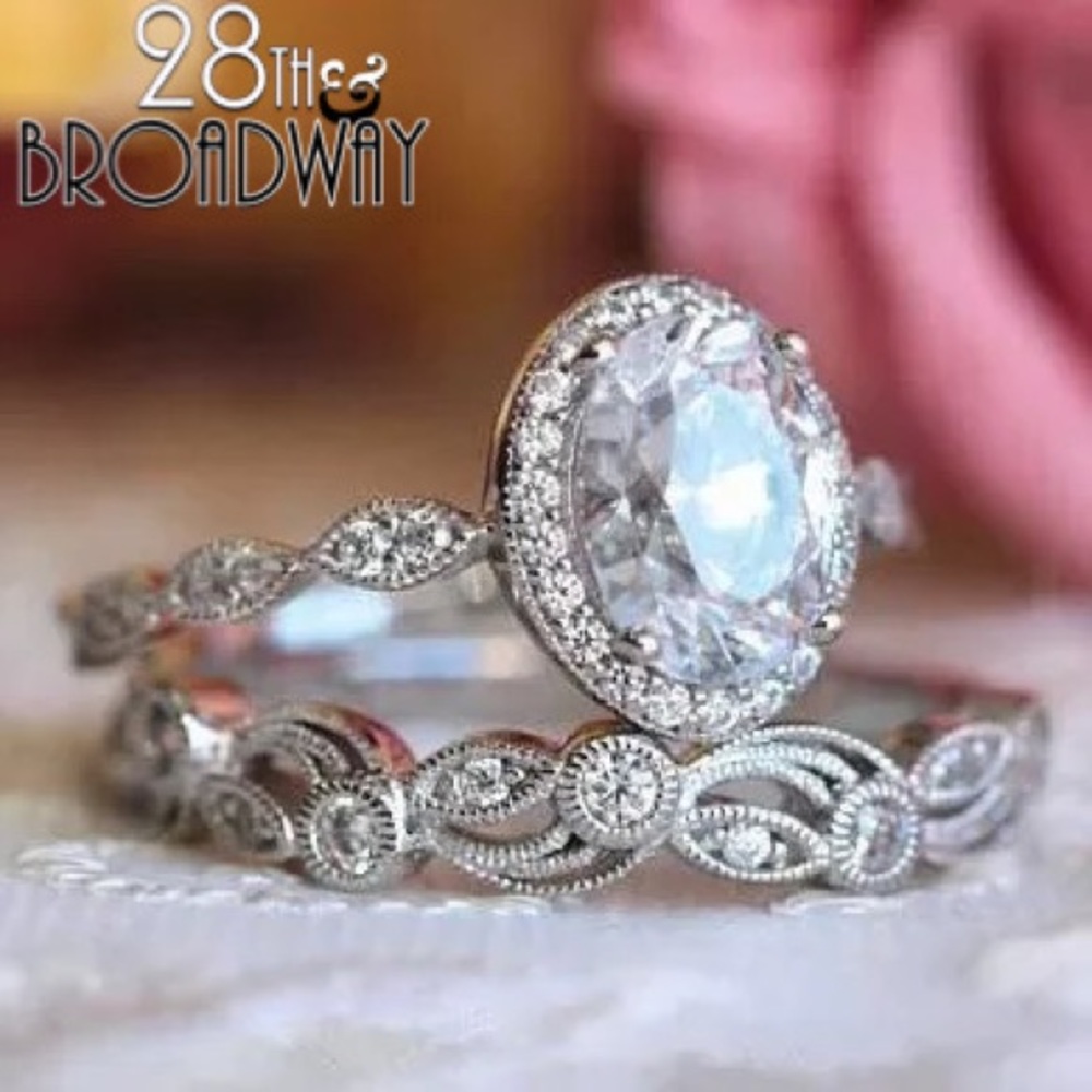 White Gold Over 925 Diamond Engagement Ring Set